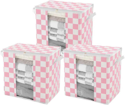 Pink Checkered Clothes Storage Bins, 100L Large Blanket Storage Bags 3 Pack, Closet Organizers and Storage Containers for Comforters, Bedding, Foldable Organizer with Handle