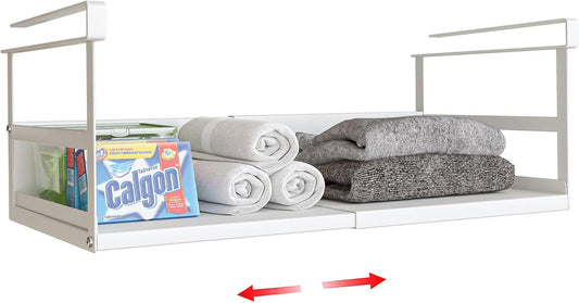 Expandable Under Cabinet Shelf Organizer with 0.94 Inches Thick Clips, Heavy Duty Extendable Under Shelf Storage Basket for Pantry or Laundry Room, White, 1 Pack, Interior: 5.7" H x 8.54" D