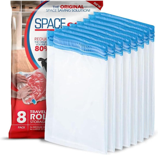 Spacesaver Roll Up Vacuum Storage Bags for Jackets, Suits, Dresses & Clothes – Sealed Compression Bags with Hand Pump – Space Saver Bags for Moving, Travel & Organization - Pack of 8