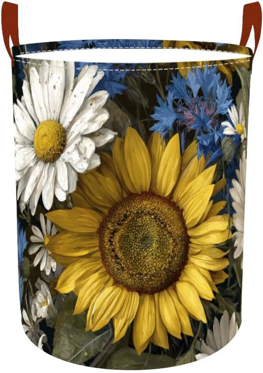Laundry Baskets 15.7x19.7 Inch Large Vintage Sunflower Daisy Blue Wildflower Design Collapsible Laundry Hamper with Handles Oxford Fabric Clothes Storage Bin Foldable Dirty Clothes for Bedroom