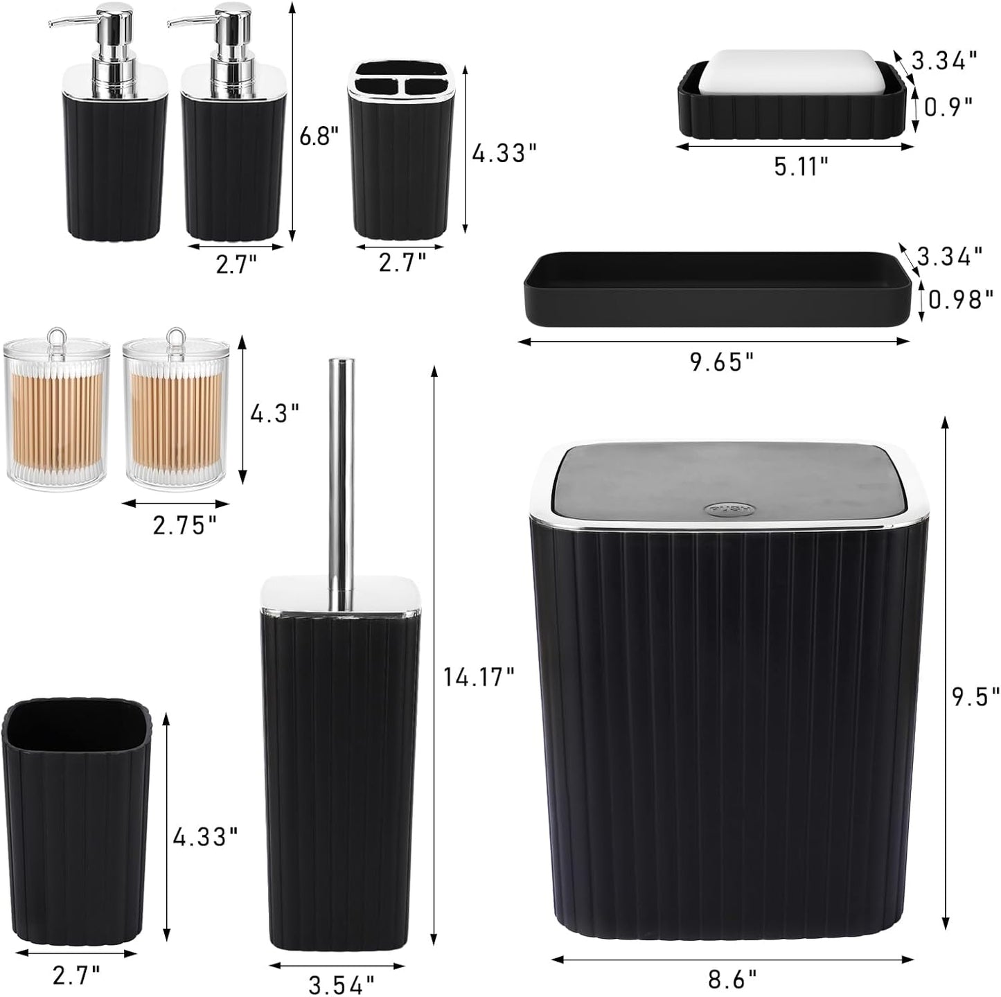 Bathroom Accessories Set - Gorgeous Bathroom Set, 10PC Black Bathroom Accessory Set, Toilet Brush, Trash Can, Qtip Holder Dispenser & Soap Dispenser