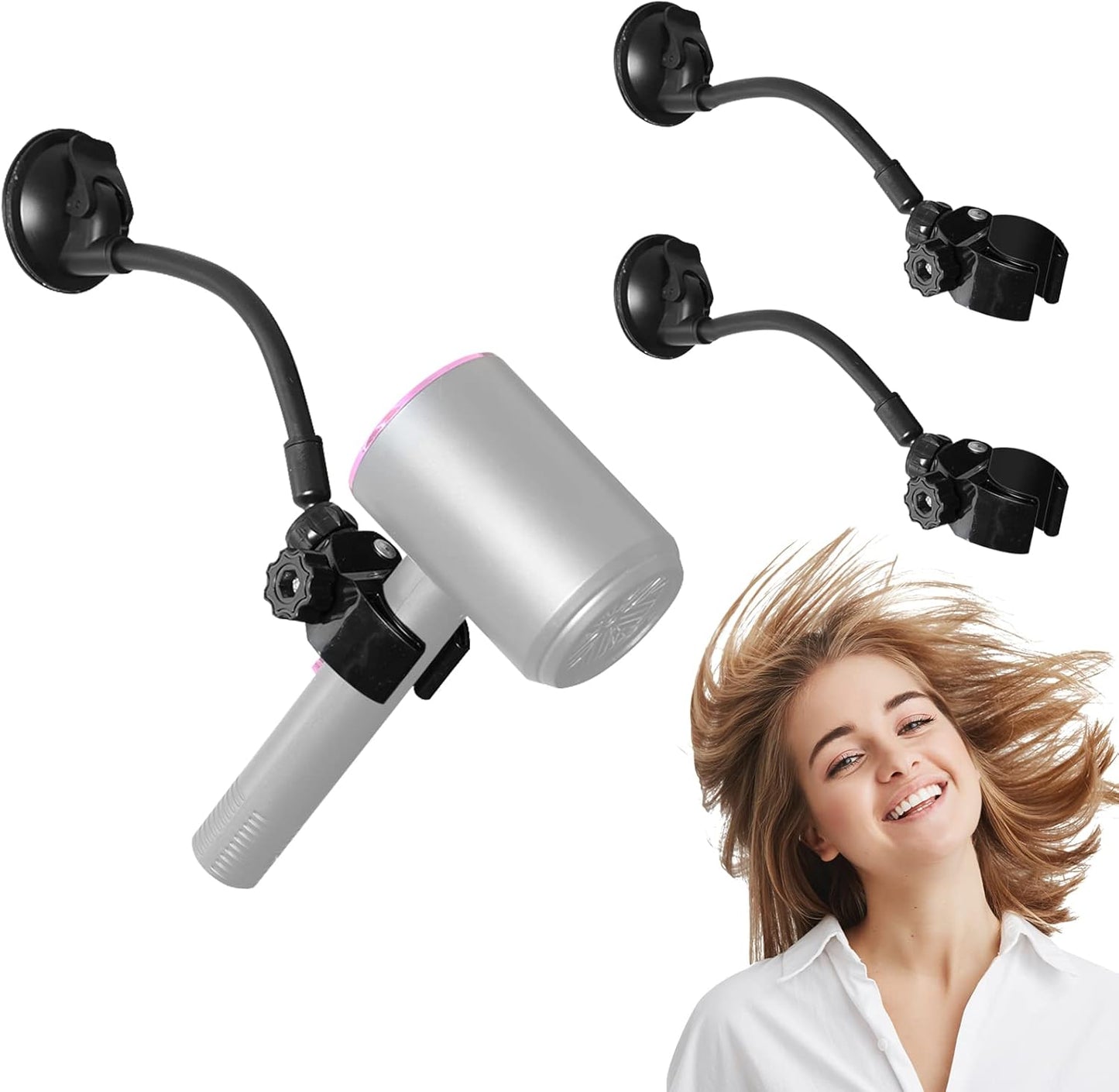 LUEXBOX Adjustable Hair Dryer Holder Stand, 360 Degree Rotation Blow Dryer Bracket with Positionable Arm and Suction Cup, Hands Free Hair Dryer Holder for Mirror and Ceramic Tile (Black 2Pack)