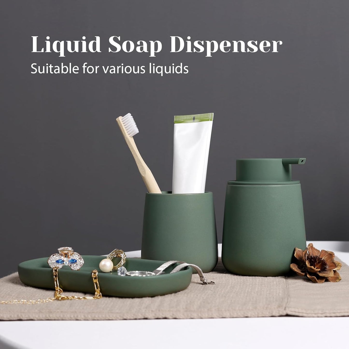 INGOFIN 3 Pcs Ceramic Bathroom Accessory Set - Liquid Soap Dispenser, Toothbrush Holder & Tray, Bathroom Counter Set, Countertop Essentials for Home, Guest Bathroom, or Office Use, Matte Green