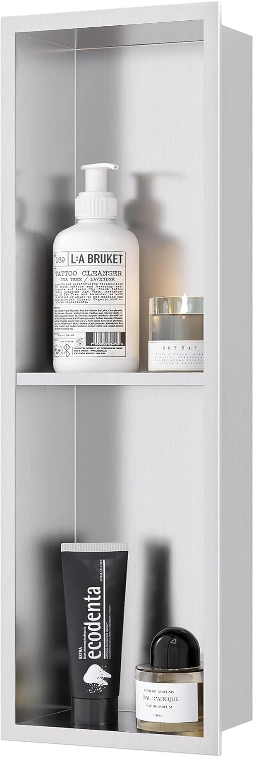 Stainless Steel Shower Niche 24" X 8", No Tile Needed Wall Niche Double Shelves, Recessed Shower Shelf for Bathroom Storage, Brushed Nickel