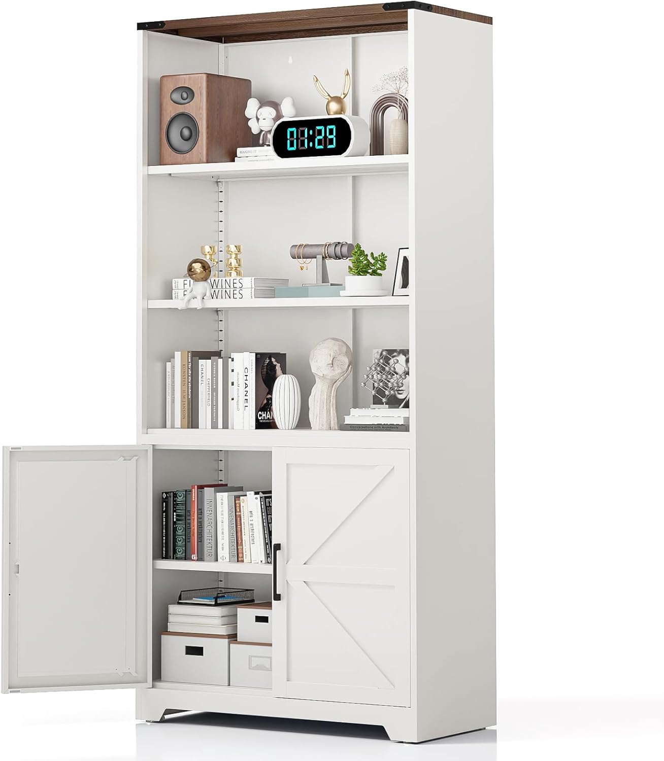 VINGLI Bookcase with Doors and Adjustable Shelves, Steel 70" Tall Bookshelf, 6-Tier Farmhouse Metal Storage Cabinet for Study, Living Room, Home Office, Kitchen Pantry, White Display Cabinet