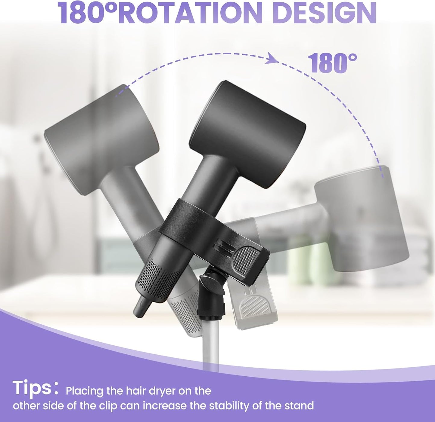 Adjustable Hair Dryer Stand, 29-59 Inch Hair Dryer Holder with Tripod and Universal Clip, 360-Degree Rotating Blow Dryer Stand for Bathroom, Vanity, Makeup Room
