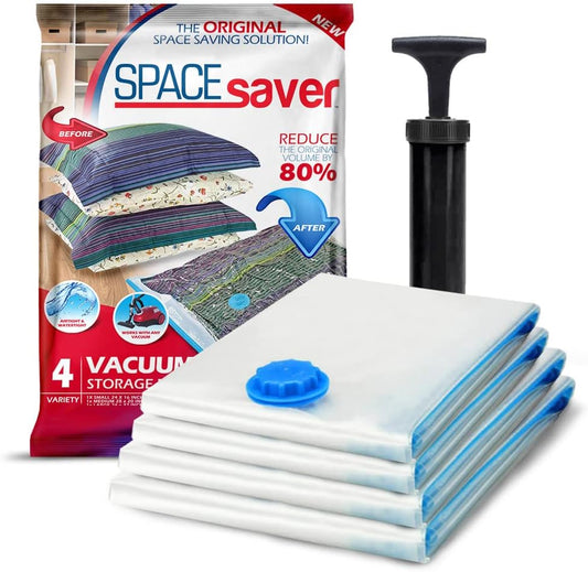 4 Pack Variety Vacuum Storage Bags for Comforters, Blankets & Clothes – Vacuum Sealed Compression Bags with Hand Pump – Space Saver Storage Bags for Bedding, Moving, Travel & Organization (2L & 2XL)