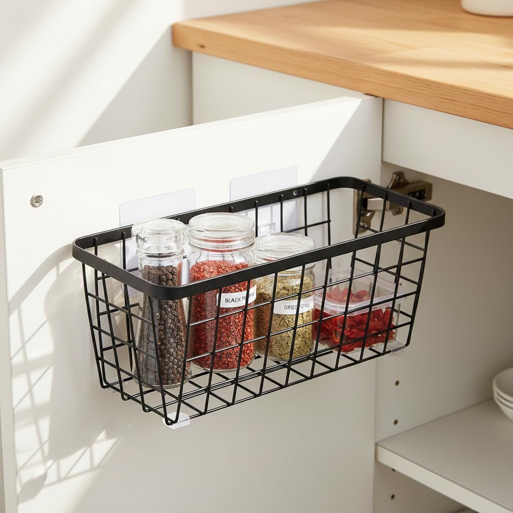 2 Pack Hanging Wall Basket Organizer Over the Cabinet Door Wire Baskets for Organizing -Space-Saving Hanging Baskets for Organizing Wall Mount Storage,No Drilling Adhesive Wall Storage Basket, Black