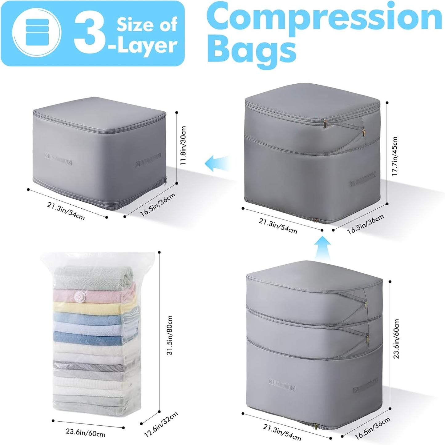 Comforter Storage Bag-Ultra Space Saving Large Self Compression Organizer for Comforters and Blanket,3-Layer Zipper Self-Compressing Organizer for Storage Bedding. (Gray, 2 Pack)