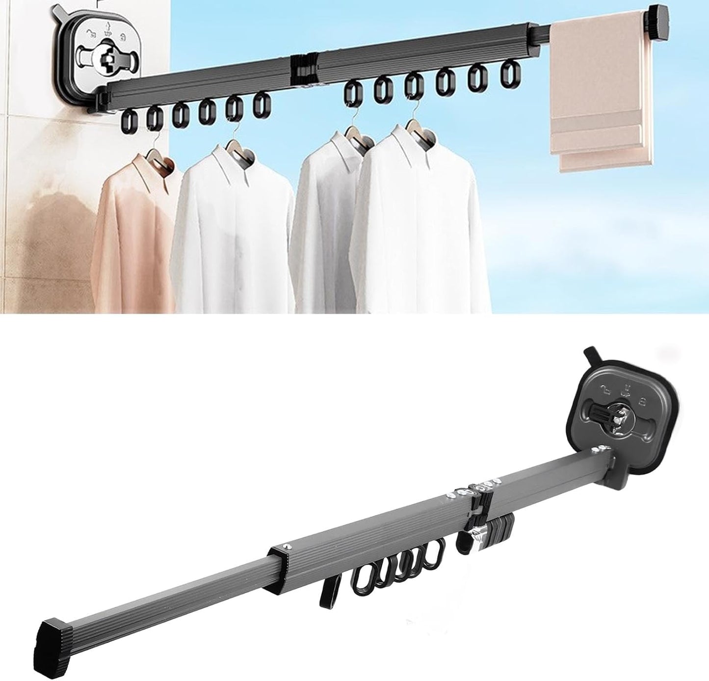 Retractable Clothes Drying Rack, 92cm/36.2in Wall Mount Laundry Hanger Windproof No Drill Clothes Storage Organizer with Suction Cup for Laundry