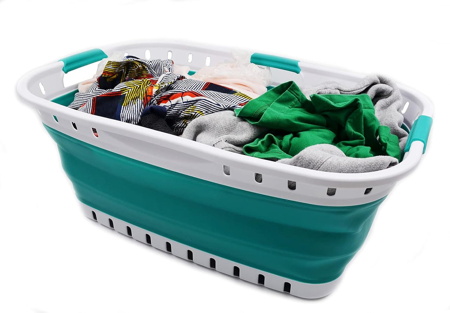 SAMMART 44L Collapsible Plastic Laundry Basket - Foldable Pop Up Storage Container/Organizer - Portable Washing Tub - (1, White/Bluish-Green), Size : 25.4 x 17.3 x 10.2 inches