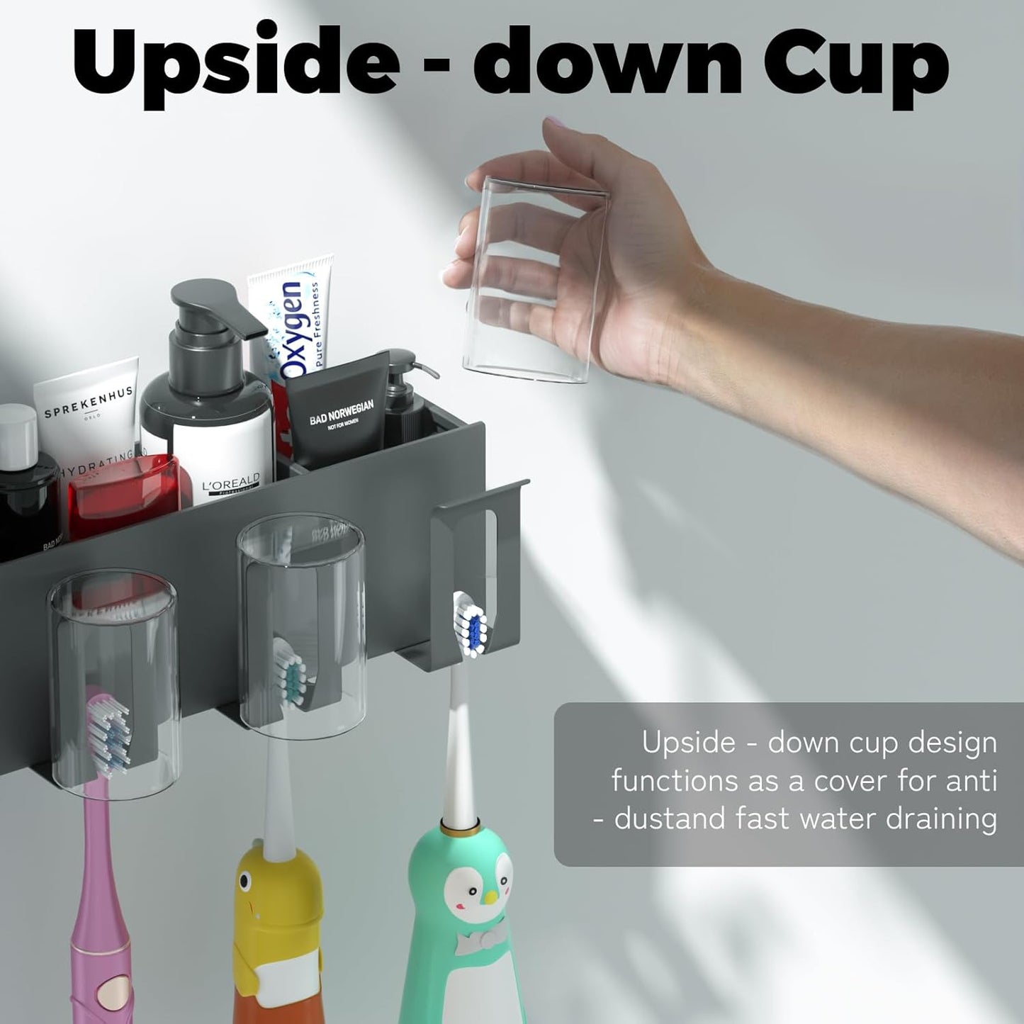 Toothbrush Holders for bathrooms, Toothbrush Holders Wall Mounted, Self-Adhesive Aluminum Toothbrush Organizer, Family-, Storing toothbrushes, Razors, Combs and ot(Titanium Gray)