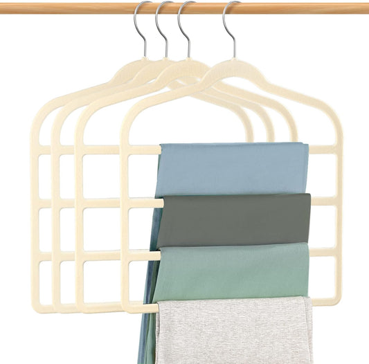 Velvet Hangers Space Saving Non Slip Pant Velvet Hangers, DUDUCOFU 4 Pack Beige Multi Layer Clothes Hangers Closet Organizer for Pants Trousers Scarf