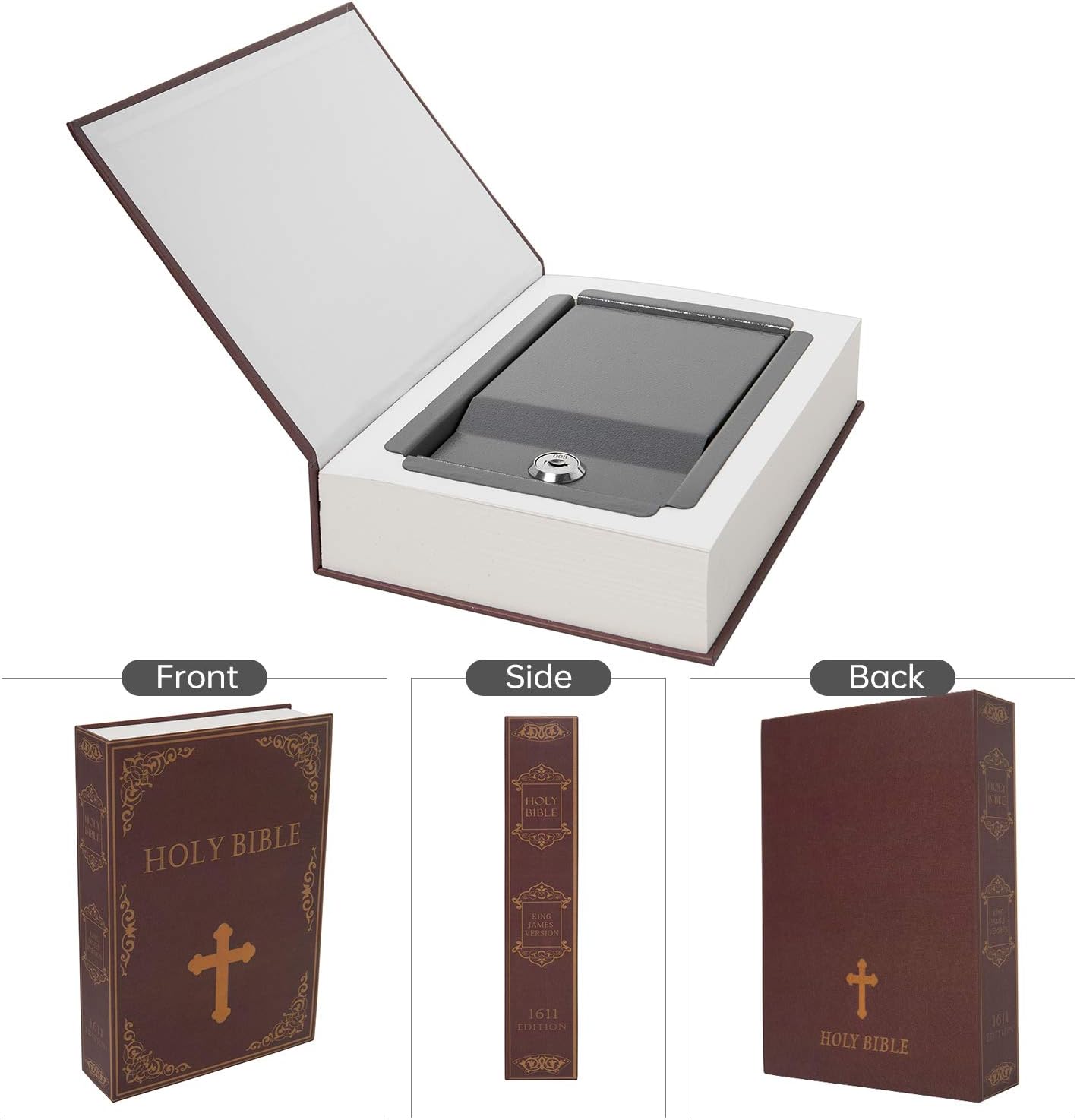 Real Paper Transfer Book Safe, Hollow with Secret Hidden Compartment, Key Lock, 8.7"×6"×2" (Bible-Key)