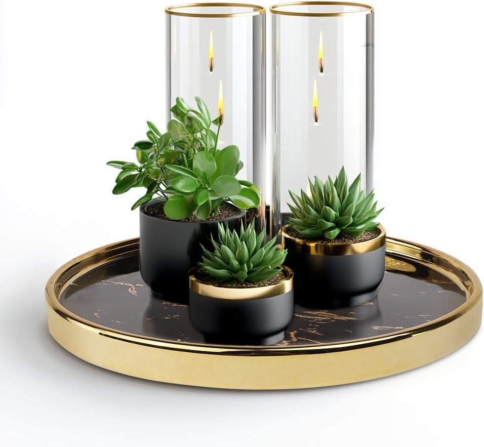 Black Vanity Tray Round Bathroom Decorative Tray for Dresser Countertop Organizer Cosmetics Round Marble Tray for Perfume,Bottles and Accessories