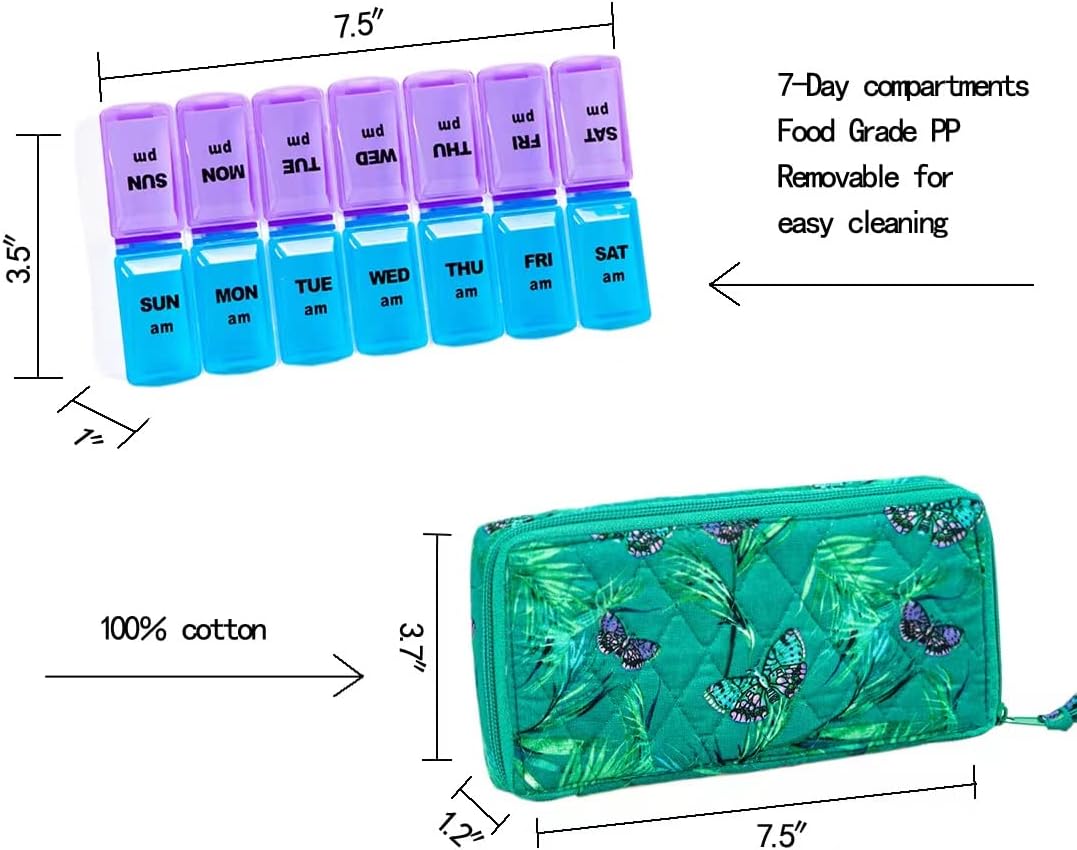 Weekly 7 Day Pill Organizer Case 2 Times a Day (AM/PM), Large Portable Pill Box 7 Day for Vitamin Medicine, Pill Case with Quilted Fabric Zipper Cute Bag for Travel or Daily