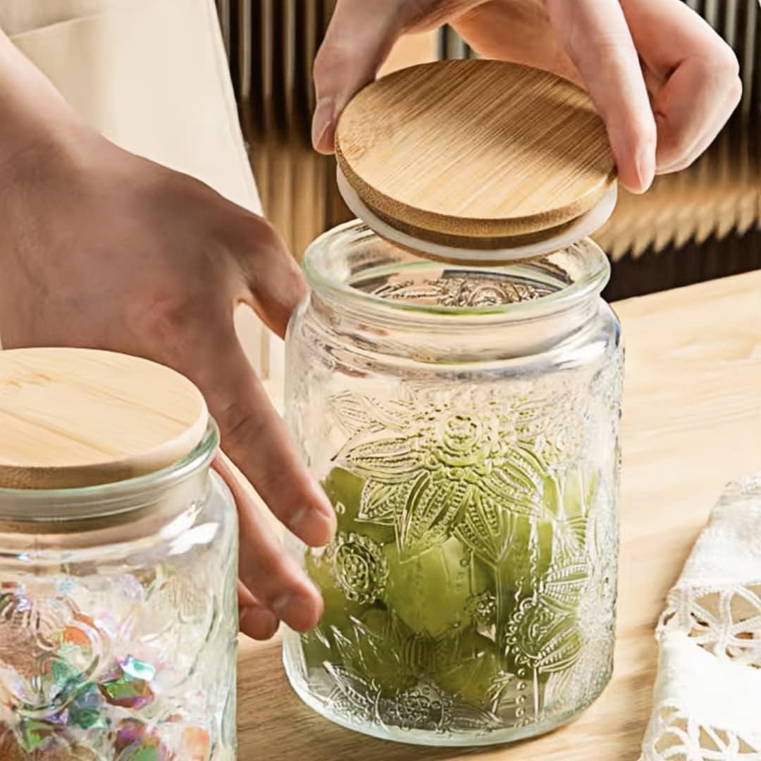 ANSQU Vintage Glass Jar with Lid, 23.7oz Airtight Glass Storage Canister Glass Food Storage Containers for Kitchen Counter, Pantry, Decorative Jar for Coffee, Tea, Sugar, Candy Cute Jar