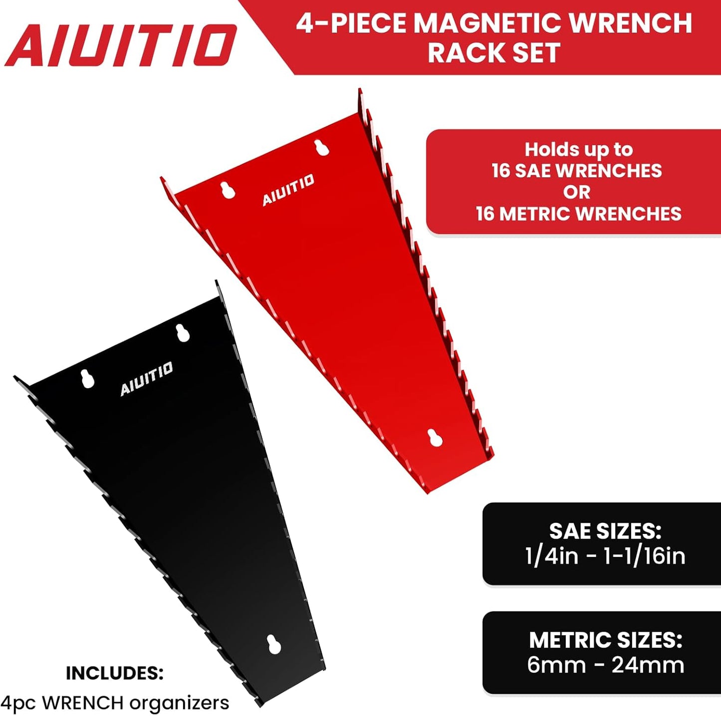 4 Pack Magnetic Wrench Organizer, 64-Slot Magnetic Wrench Organizer Tray for Tool Box & Wall Mounted,Wrench Holder Fit SAE (1/4" - 1-1/16") & Metric (6 mm-24 mm) Wrench Storage (4 pack)