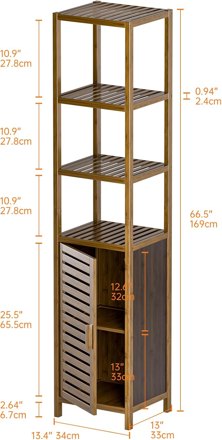 HITNET Bathroom Cabinet, Bamboo Floor Cabinet Freestanding Narrow Storage Unit with Removable Shelves, 6 Tier Tall Cabinet, Walnut