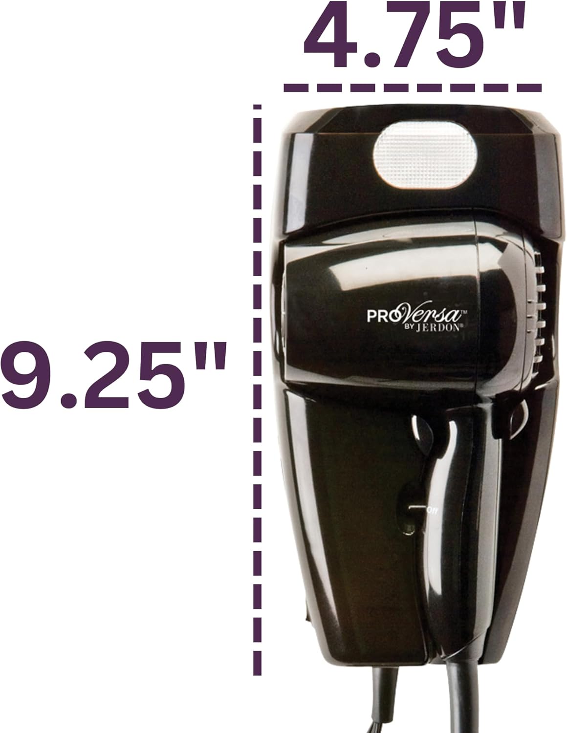 Jerdon Wall-Mount Hair Dryer - Black Hotel Style Hair Dryer with 32" Power Cord - JWM8CB