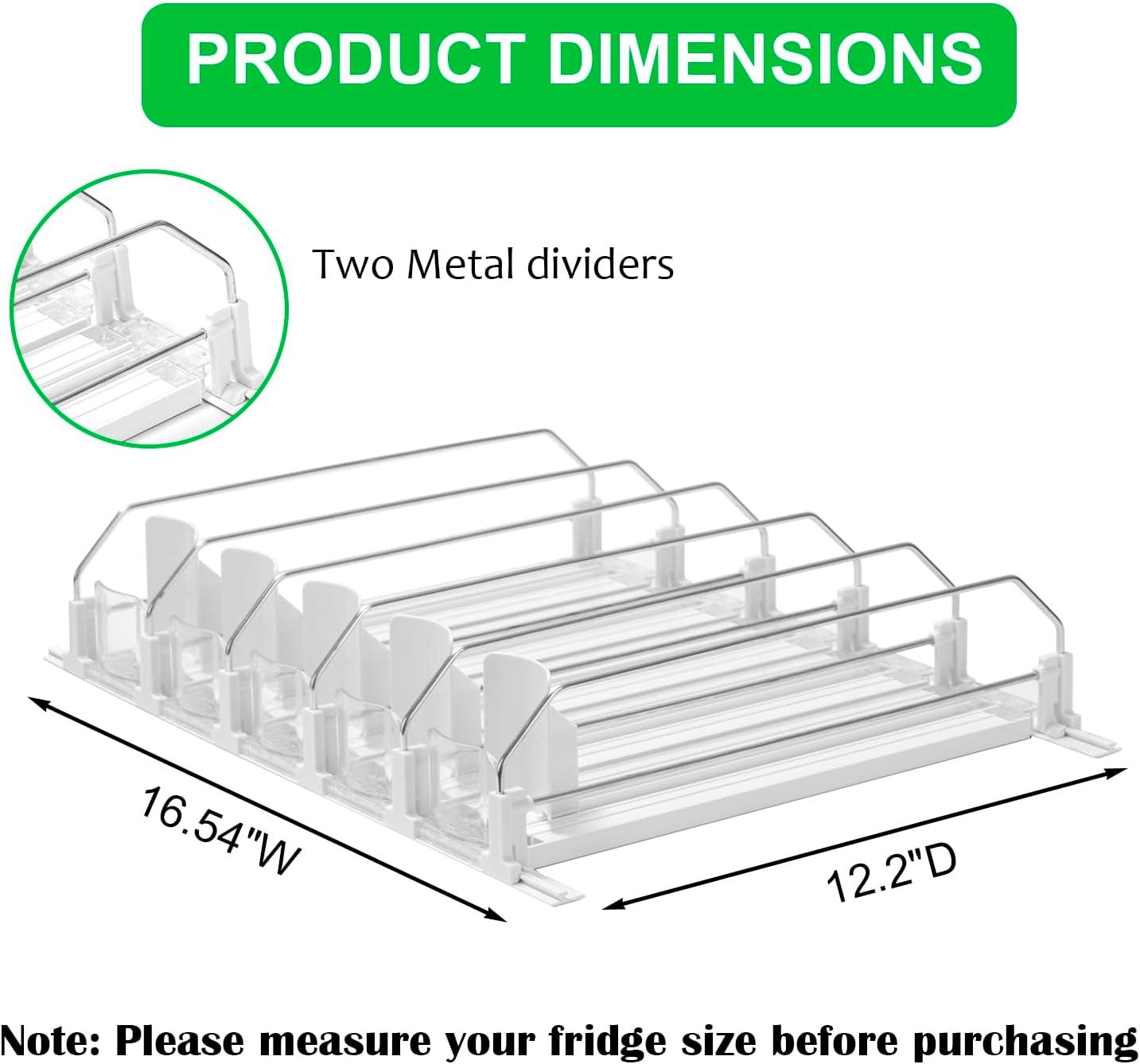 RULA Drink Organizer for Fridge, Self-Pushing Soda Can Dispenser for Mini Refrigerator, Width Adjustable Water Bottle Pusher Glide, White, 5 Rows,12.2” D
