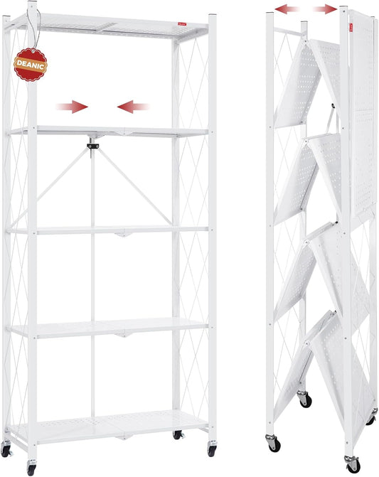 DEANIC 5 Tier Foldable Storage Shelves with Wheels, Large Capacity Shelving Unit, Freestanding Metal Wire Shelf Rack, No Assembly Organizer Rack for Garage Kitchen, Basement, Pantry(White)