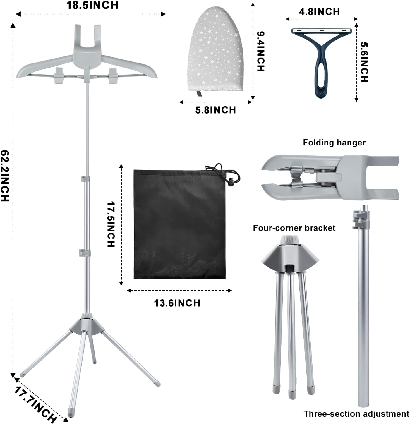 Foldable Garment Steamer Hanger Stand with Ironing Gloves, Adjustable Steamer Rack Included Lint Remover & Storage Bag 2 Clips for Suits Shirts Coats Portable Travel Home Use