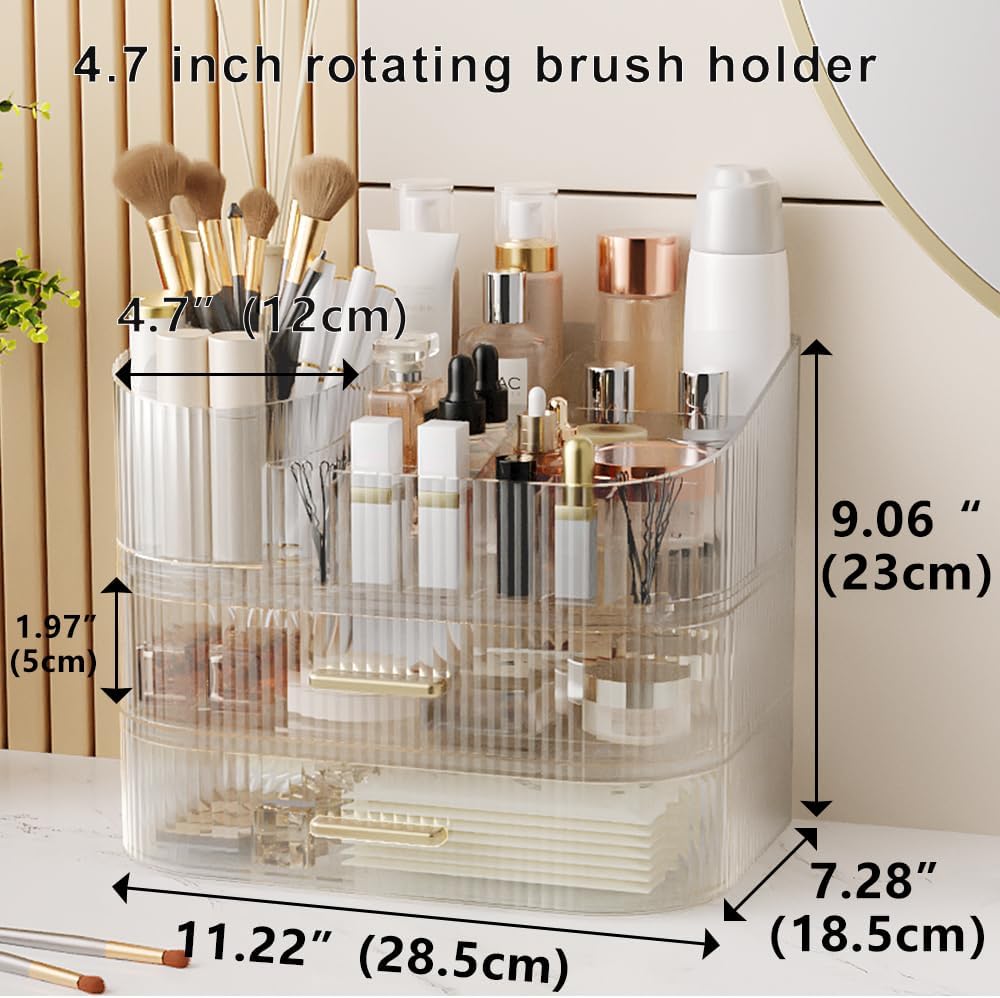 Makeup Organizer with Stackable Drawer, 360 Rotating Makeup Brush Holder, 11-inch Large Cosmetic Display Case, Skincare Organizers and Storage for Vanity, Bathroom Countertop (1 Tray + 2 Drawer)