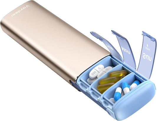 Vaydeer Metal Travel Pill Organizer – Compact Weekly Pill Box for Daily Medication – Portable Small Pill Case for Vitamins, Pills & Supplements (Champagne)