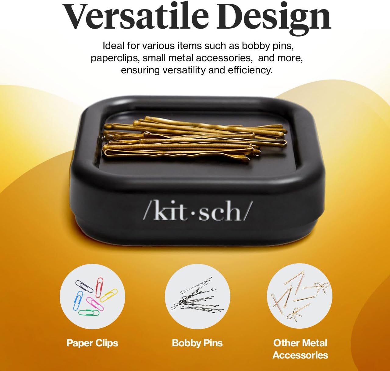 Kitsch Magnetic Bobby Pin Holder - Cute Stuff, Strong Magnetic Pin Holder for Desk & Vanity, Securely Holds Metal Hair Clips, Bobby Pins & Paper Clip | Ideal Gifts for Women - Black, 1 Pc