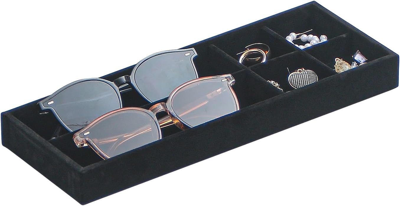 2Pcs Desk Drawer Storage Tray, Nightstand Organizer Tray, Necklace Bracelet Ring Earring Jewelry Display Tray, Grid Table Organizer Holder Tray for Sunglass, Phone, Watch, Perfume (6 grid)/Black
