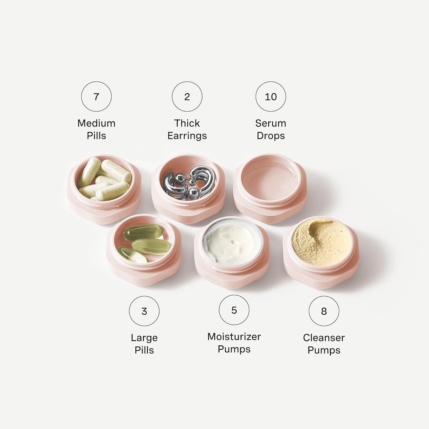 Cadence Travel Containers Basic Skincare Set - Magnetic Containers with Lids,Carry On Travel Essentials For Women/Men - 3 Small Capsules (0.56oz) - Cleanser, Moisturizer & Sun-Icon Labels - Petal