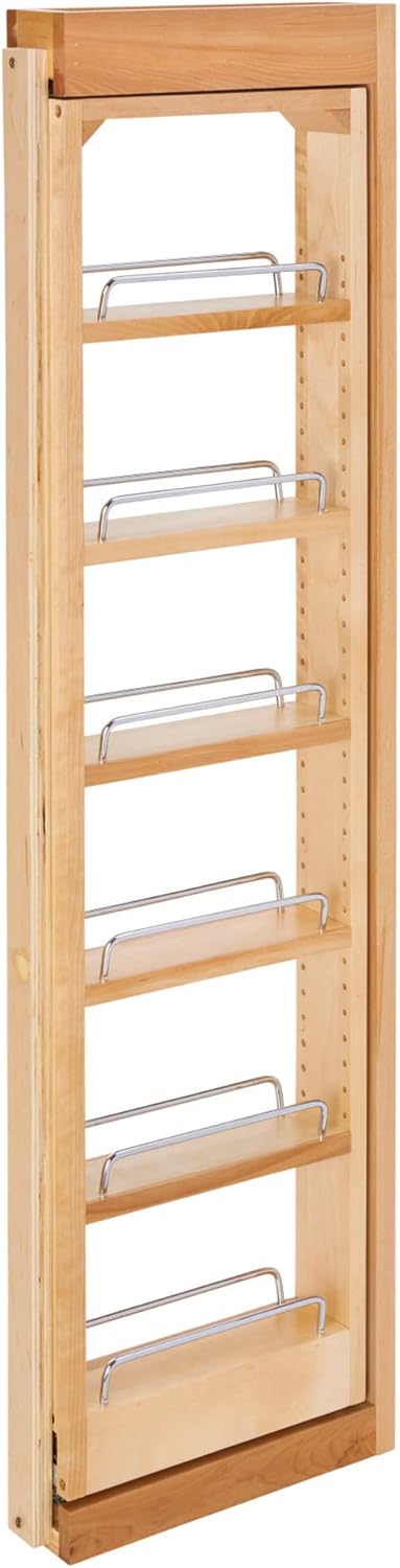 Rev-A-Shelf 3"W x 42"H Pull Out Quad Shelf Organizer for Wall & Base Kitchen Cabinets, Full Extension Filler Spice Rack, Adjustable, Wood, 432-WF42-3C
