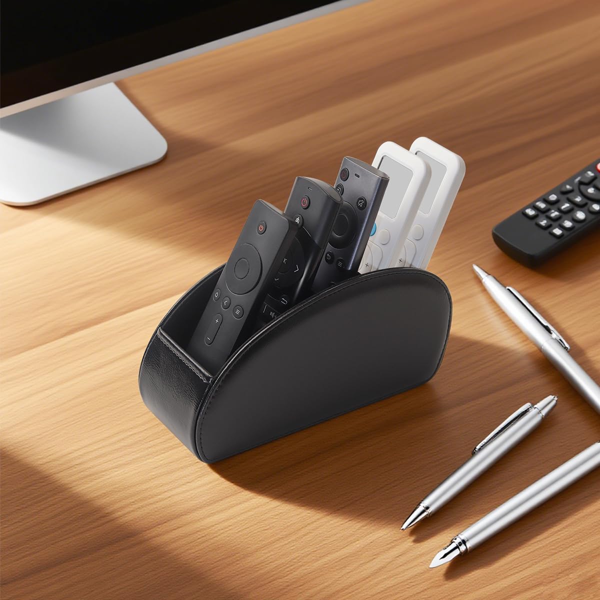 Remote Control Holder, PU Leather Remote Caddy Desktop Organizer with 5 Spacious Compartments for TV Remotes/Media Controllers/Office Supplies(Black)