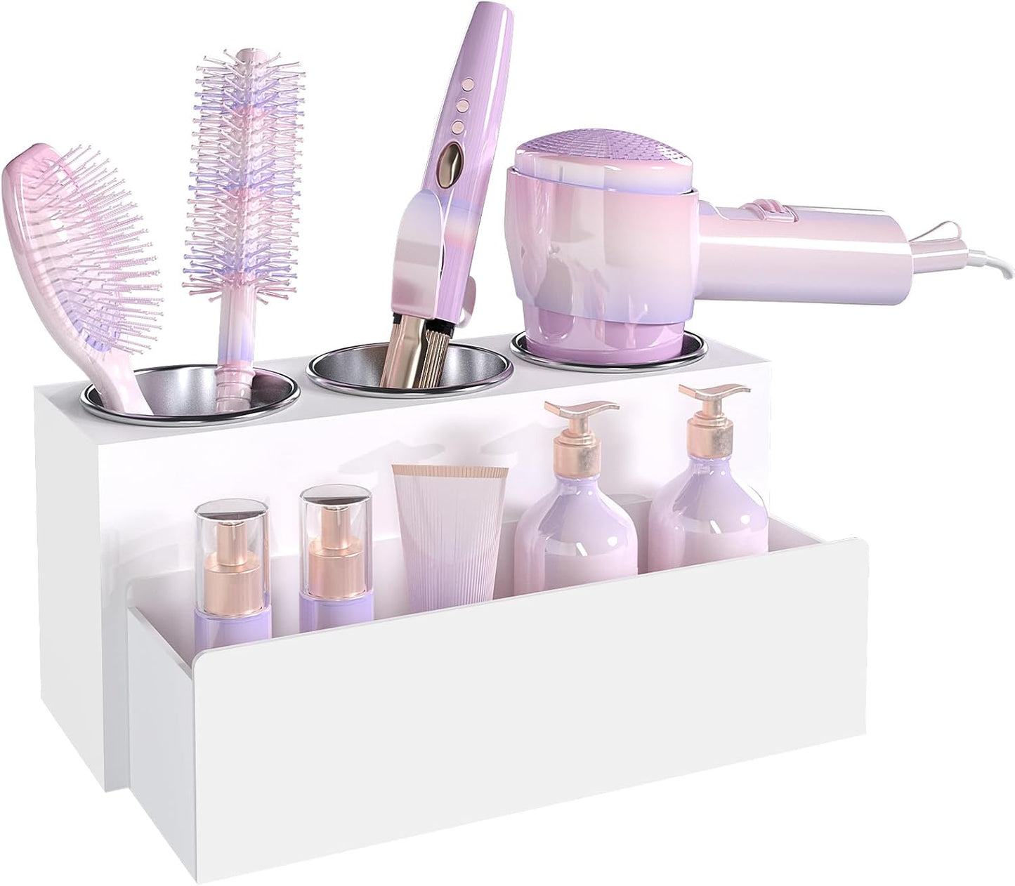 Hair Tool Organizer, Detachable Acrylic Hair Dryer Holder for Bathroom, Hair Styling Accessories Curling Iron Hot Tools Organizer with 3 Cups, Countertop Vanity Storage (Matte White)