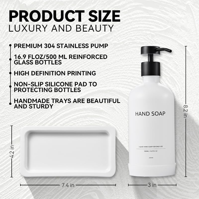 Glass Kitchen Soap Dispenser Set with Ceramic Tray,16.9 floz Hand and Dish Soap Dispenser for Kitchen and Bathroom Decor (White Bottles+Black Bottles)