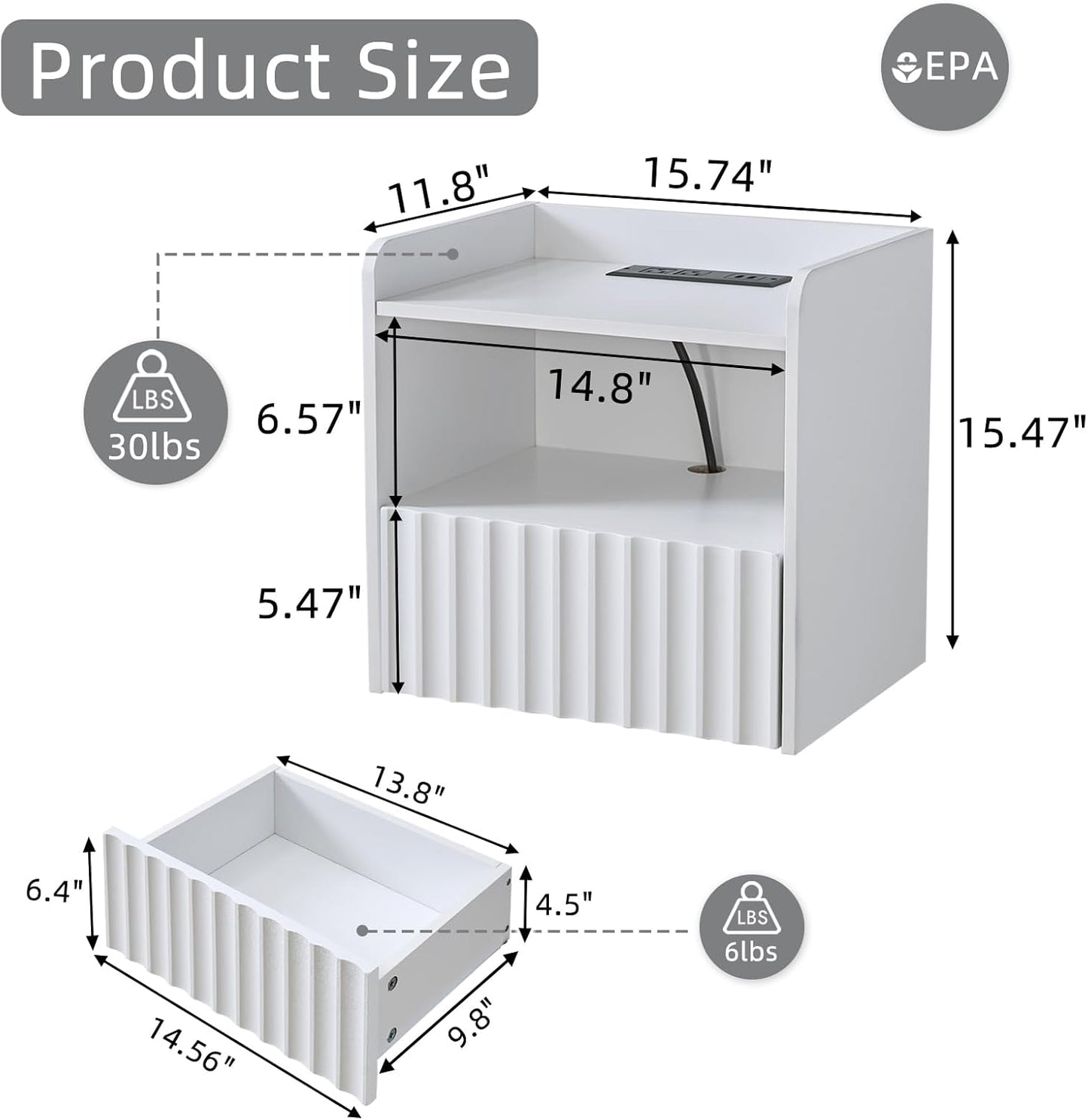 Modern Fluted Floating Nightstand Wall Mounted - Bedside Table with Storage Drawer & Display Shelf, Minimalist Bedroom Furniture for Studio Apartments (Matte White)
