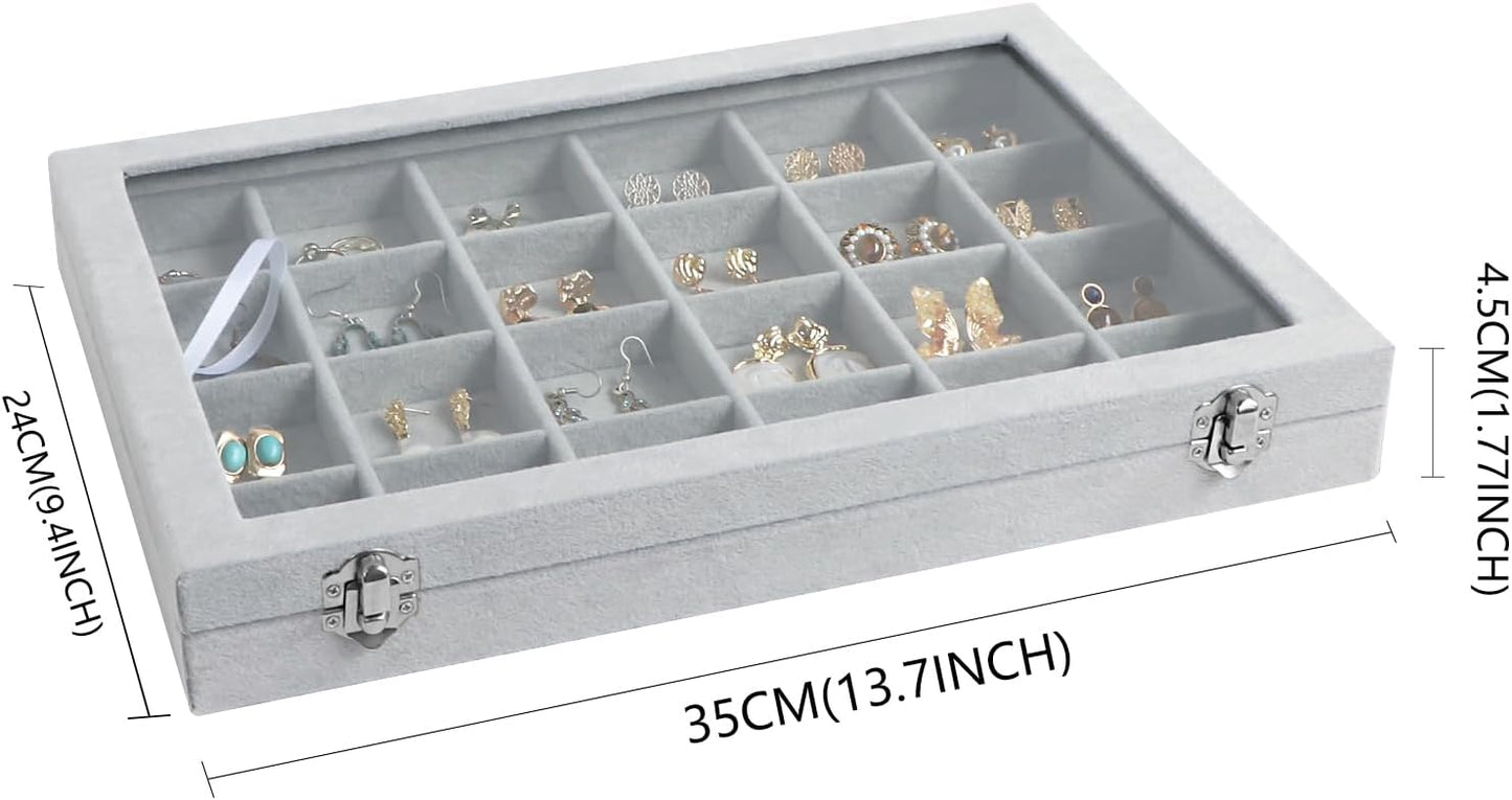 Wudygirl Jewelry Organizer Velvet Jewelry Tray 24 Grid Jewelry Box Earring Holder Organizer Removable Display Case Organizer Glass Top Lid & Lock (24 Grid)
