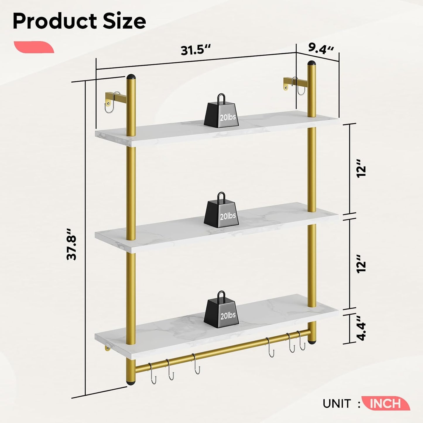 Bestier 31" Industrial Pipe Shelving, Floating Kitchen Wall Shelves 3 Tier Coffee Bar Shelves for Wall with 8 Hooks, Hanging Display Shelf Bookshelf for Living Room Bathroom, White Marble
