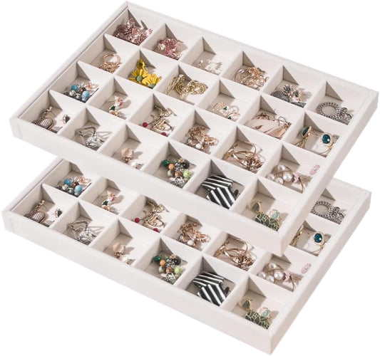 2pcs/Set Velvet Jewelry Tray, 24 Grids Large Storage Tray for Bracelet Bangle Beads Display, Jewellery Organizer Box Tray for Home Drawer or Shop Store Selling Show (Beige Velvet)