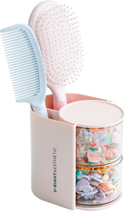 FABROK 2-Layer Clear Hair Accessories Organizer with Hair Brushes Holder, Rotatable Small Jewelry Box for Necklaces、Earring, Desktop Organizer Case for Hair Accessories, Cotton Swab(Pink)
