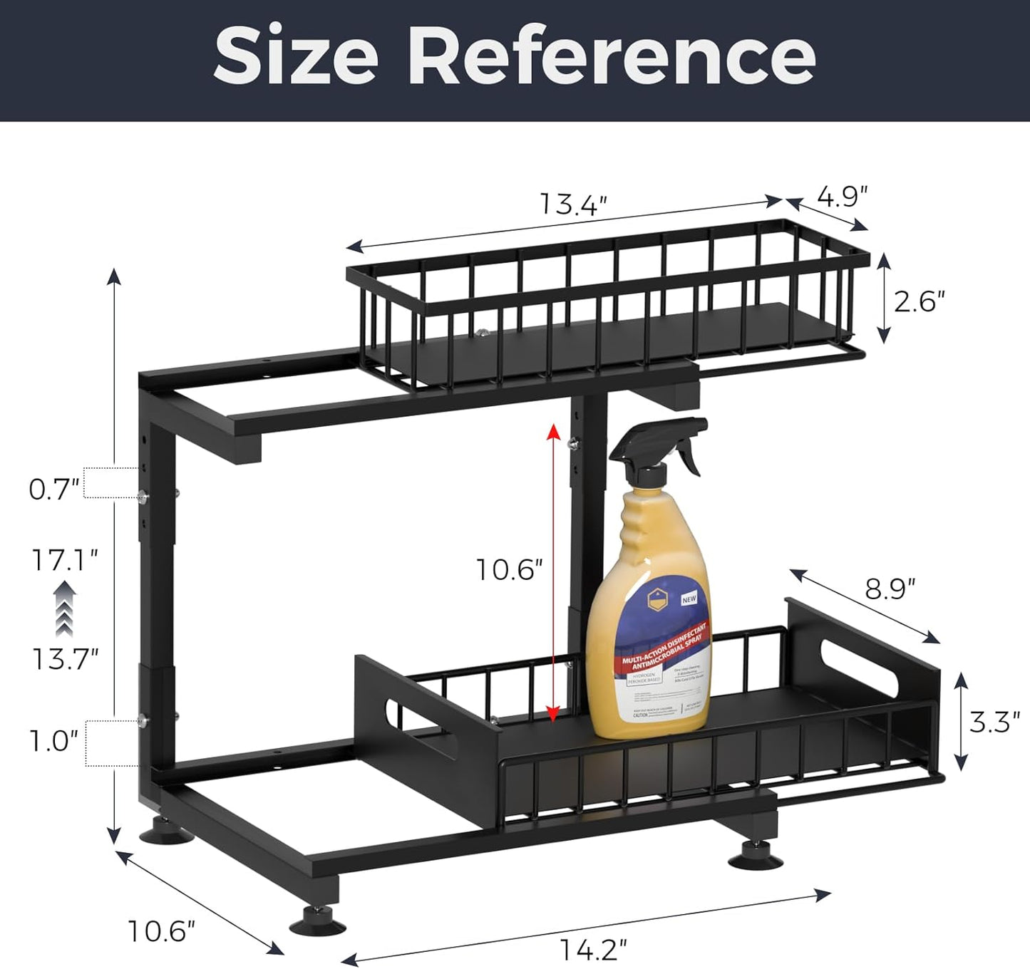 Under Sink Organizer, 2-Tier Pull Out Cabinet Drawer with Adjustable Height 13.7-17.1", Kitchen Bathroom Storage Rack, Heavy Duty Metal Sliding Basket Shelf