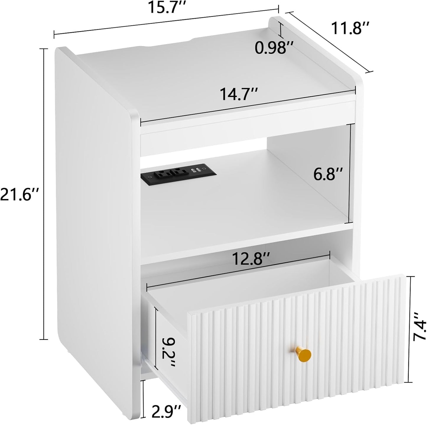 HIFYOBRO 21.6" Tall Fluted Nightstand Set, End Table with Charging Station and LED Light, Modern End Side Table with Drawer (White)