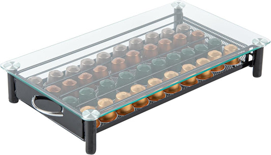 Restaurantware Restpresso 15.9 x 9.3 x 2.8 Inch Coffee Capsule Drawer 1 Heavy-Duty Pod Drawer - Holds 40 Nespresso Capsules Glass Top Iron Espresso Pod Organizer Mesh Tray Pods Not Included