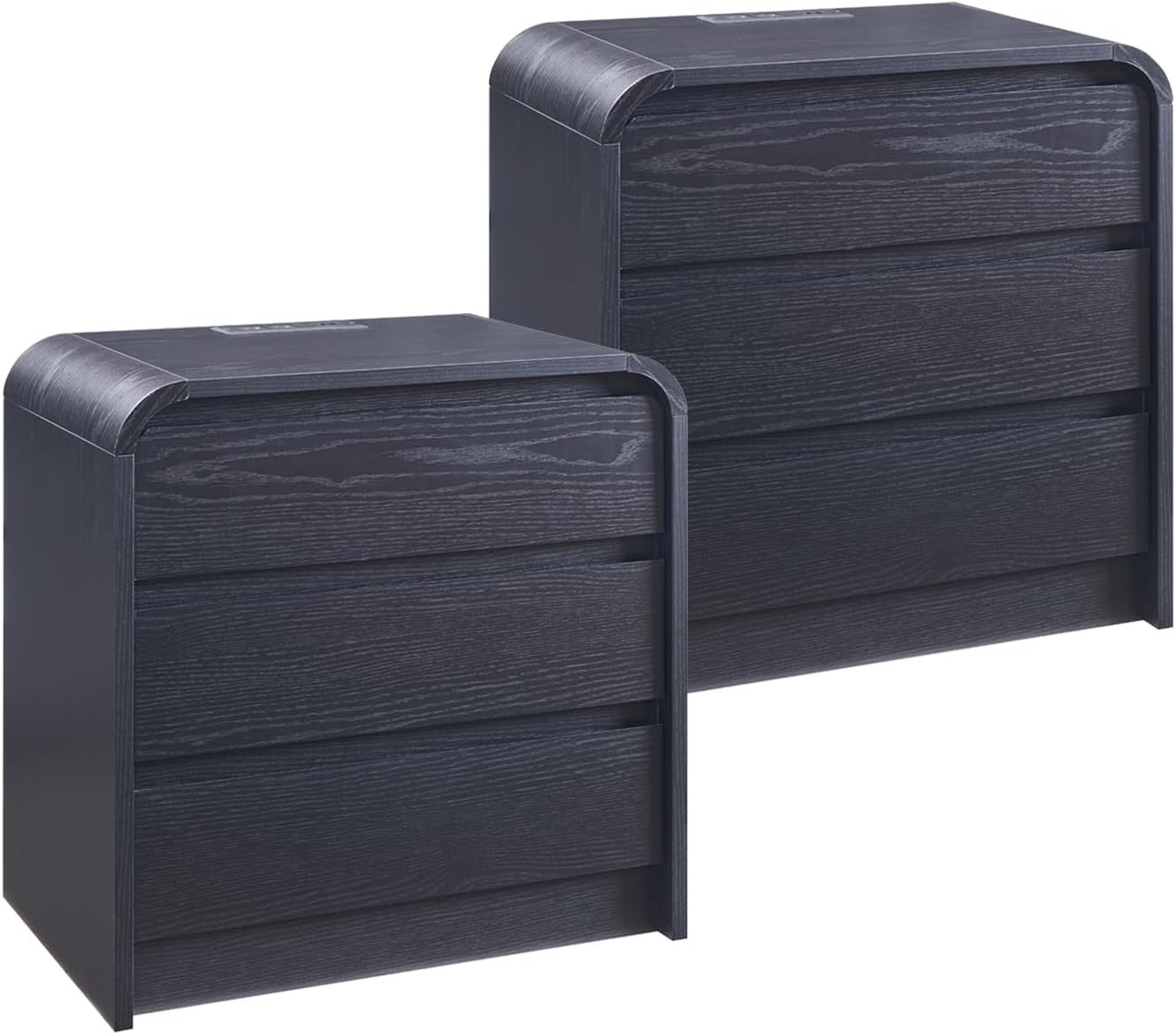25" Tall Modern Nightstand Set of 2, 23.6" Wide Wood Bedside Table with Charging Station, 3 Storage Drawers Side Table w/Curved Profile Design, End Table for Bedroom, Black