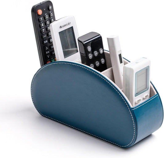 Remote Control Holders Organizer Box with 5 Compartment PU Leather Multi-functional Office Desk Storage Caddy Store Tv Remote for Media Player,Brush,Pencil,Glassees&Office Supplies (Peacock Blue)