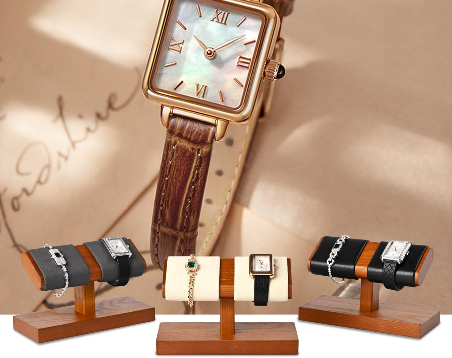 Oirlv Solid Wood Double Watch Display Stand Watch Bracelet Organizer（Black）