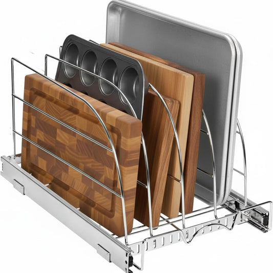 HOLDN’ STORAGE Pull Out Organizer for Bakeware, Cutting Board and Trays, Adjustable Dividers - Heavy Duty, Lifetime Limited Warranty - For Narrow Cabinet Spaces, 12.5”W x 21”D x 11”H, Chrome