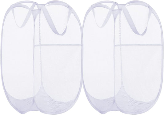 BATTOO Deluxe Strong Mesh Pop up Laundry Hamper Basket with Side Pocket for Laundry Room, Bathroom, Kids Room, College Dorm or Travel 2 Pack White