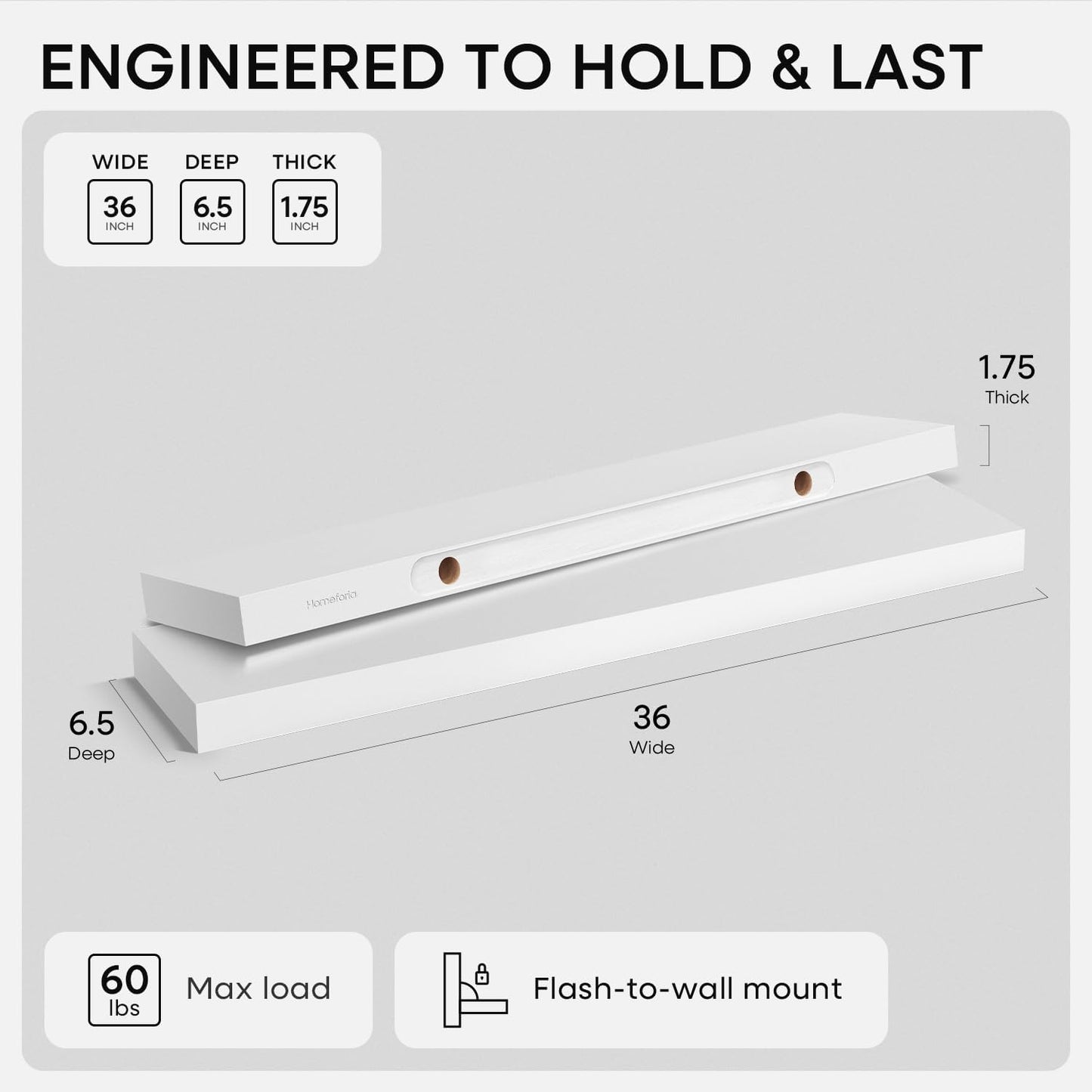 Homeforia White Floating Shelves 36 inch, High End Solid Real Wood 36inch Floating Shelf for Wall Mounted, White Wooden 36in Long Floating Shelves, Heavy Duty Bracket, 36 X 6.5 X 1.75 inches, Set of 4